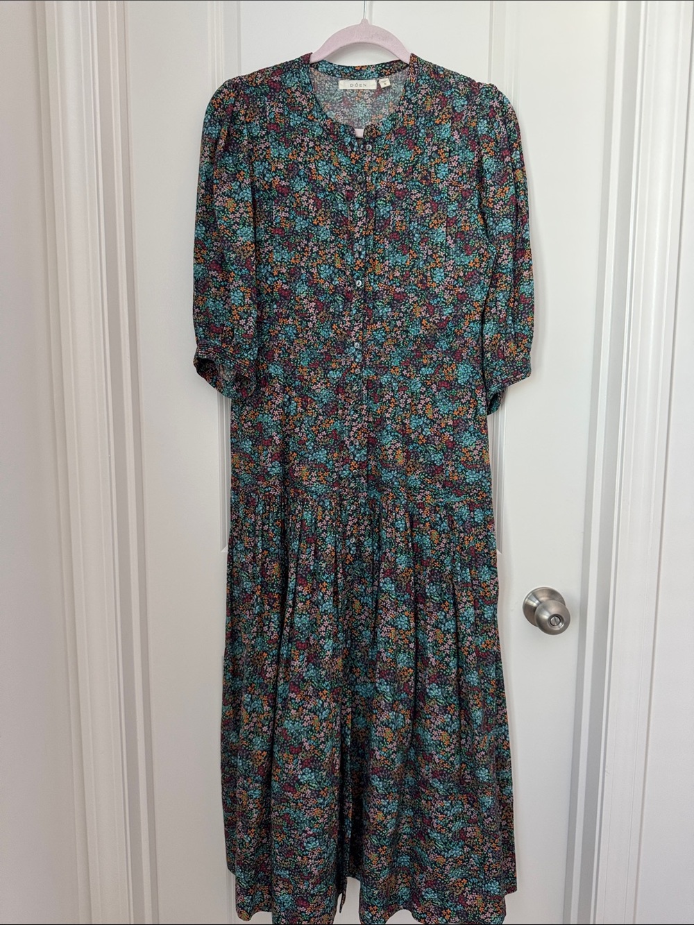Floral Teal Midi Dress - Lightweight Gathered Skirt